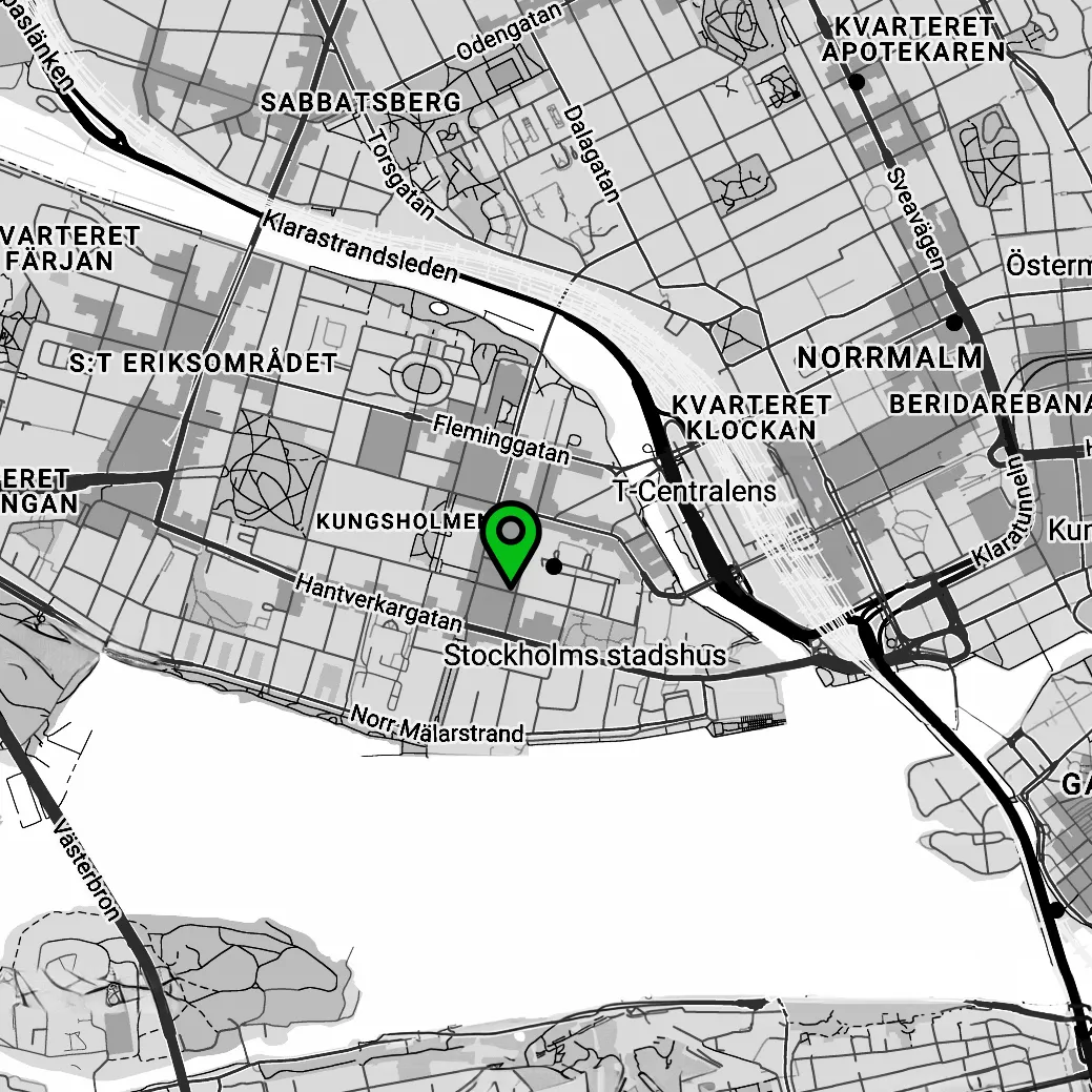 karta över Kungsholmen med pinnad adress till Bergsgatan 9